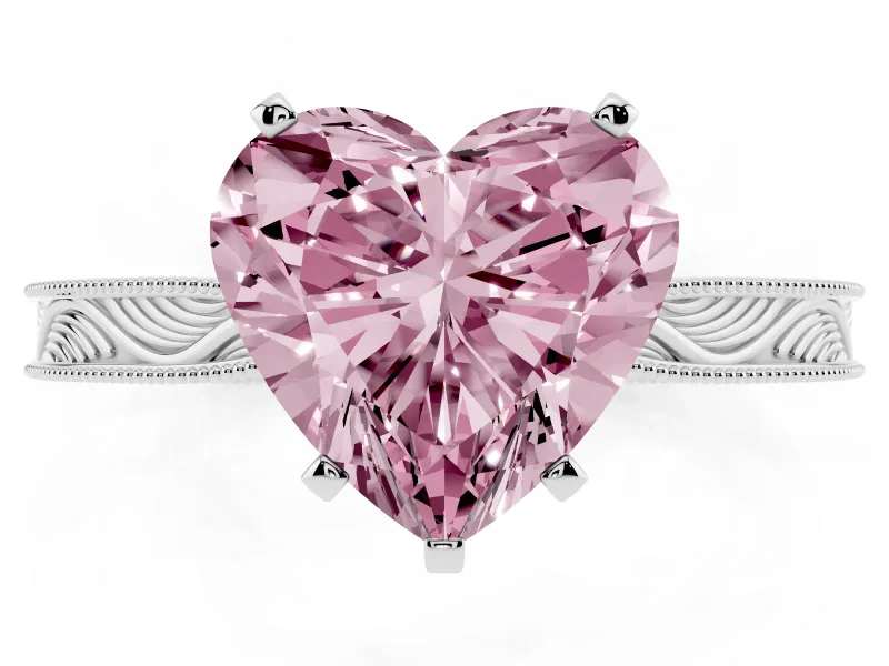 Fancy Pink Heart Cut Diamond Solitaire Milgrain Engraved Band Set in Silver with Prong Setting