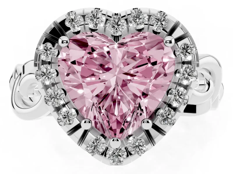 Fancy Pink Heart Cut Diamond Halo Ring Set in Silver with Scrollwork Band and Prong Setting