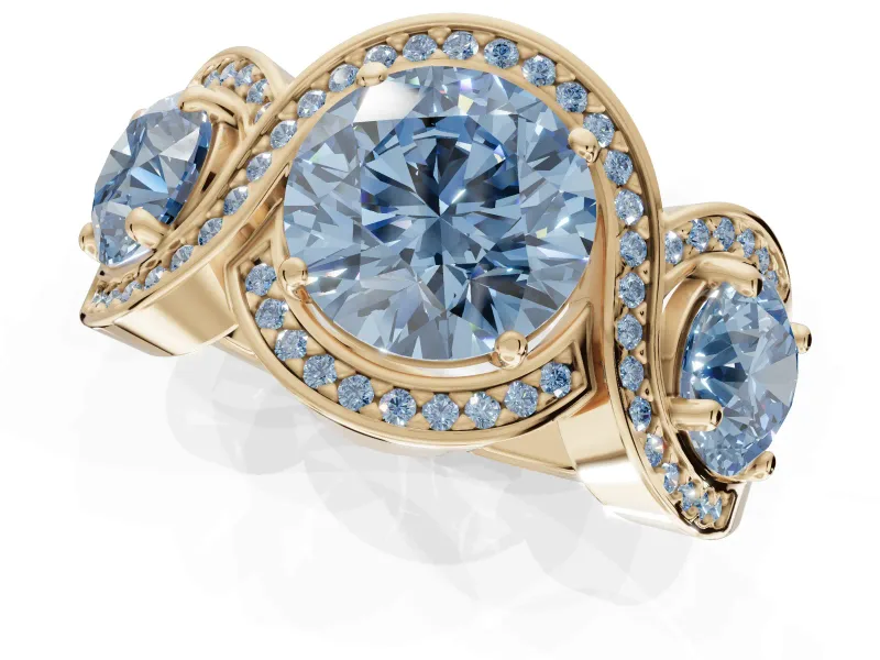 Round Three Stone Halo Engagement Ring Setting for a Fancy Blue Lab-Grown Diamond | Pavé Wave Band | Yellow Gold