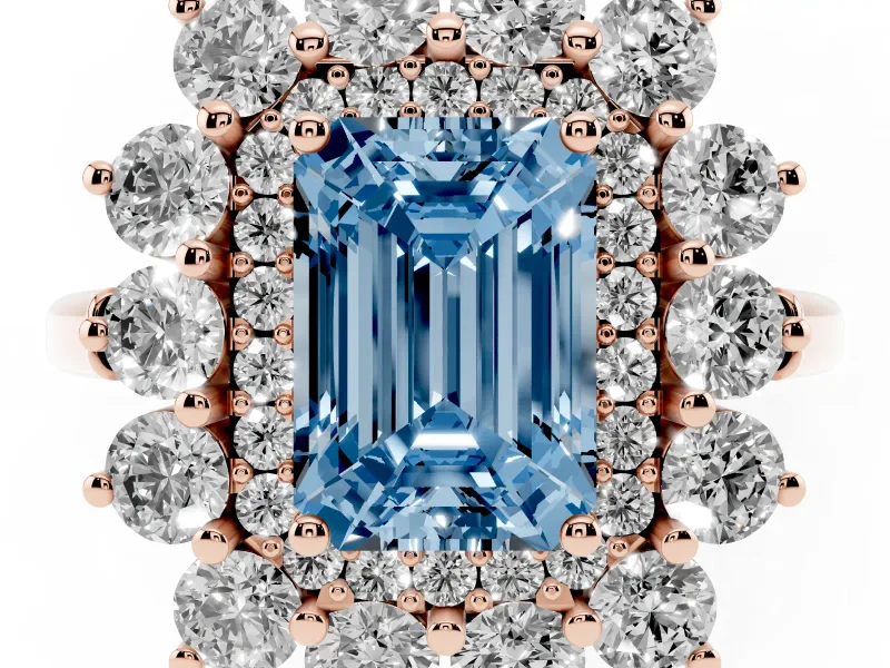 Emerald Cut Floral Double Halo Engagement Ring Setting for a Fancy Blue Lab-Grown Diamond | Plain Band | Rose Gold
