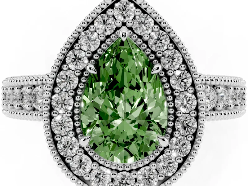 Fancy Green Pear Cut Diamond Halo Ring Set in Platinum with Round Accent Halo, Pavé Band and Prong Setting
