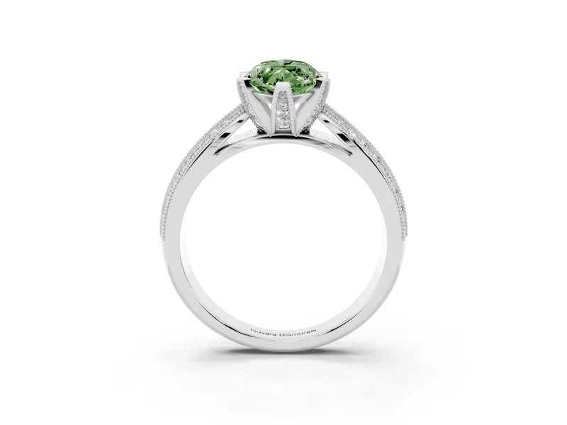 Fancy Green Marquise Cut Diamond Solitaire Ring Set in Platinum with Milgrain Double Row Round Pavé Band