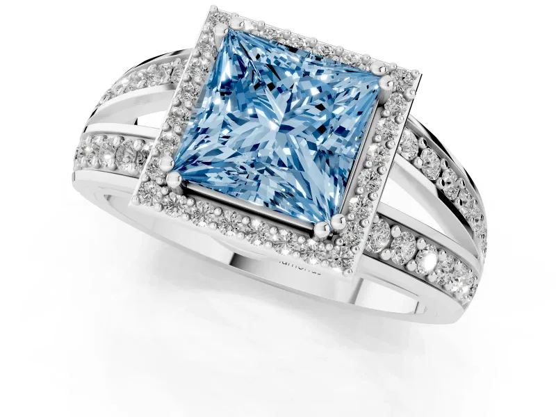 Princess Cut Halo Engagement Ring Setting for a Fancy Blue Lab-Grown Diamond | Pave Split Shank | Sterling Silver