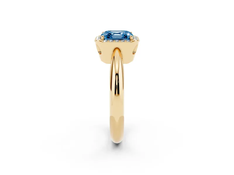 Fancy Blue Asscher Cut Diamond Halo Engagement Ring Set in Yellow gold with Plain Split Shank and Prong Setting