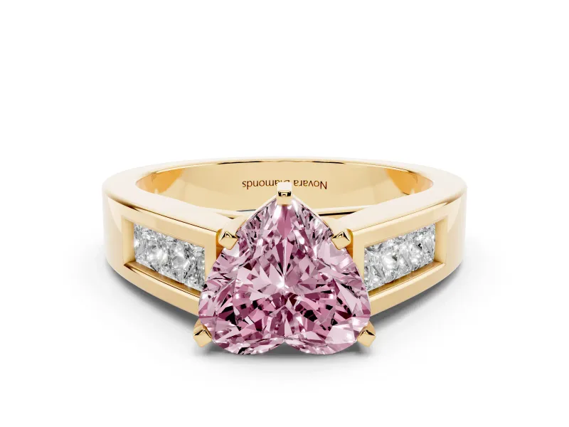Fancy Pink Heart Cut Diamond Solitaire Ring Set in Yellow gold with Channel-Set Accent Stones and Prong Setting