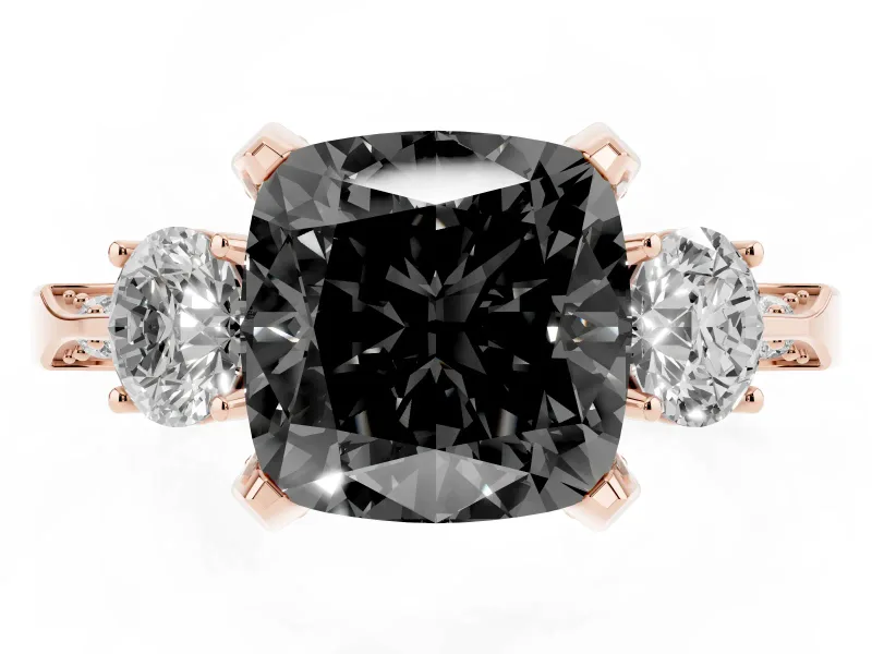 Cushion Cut Hidden Halo Three Stone Engagement Ring Setting for a Black Center | Rose Gold