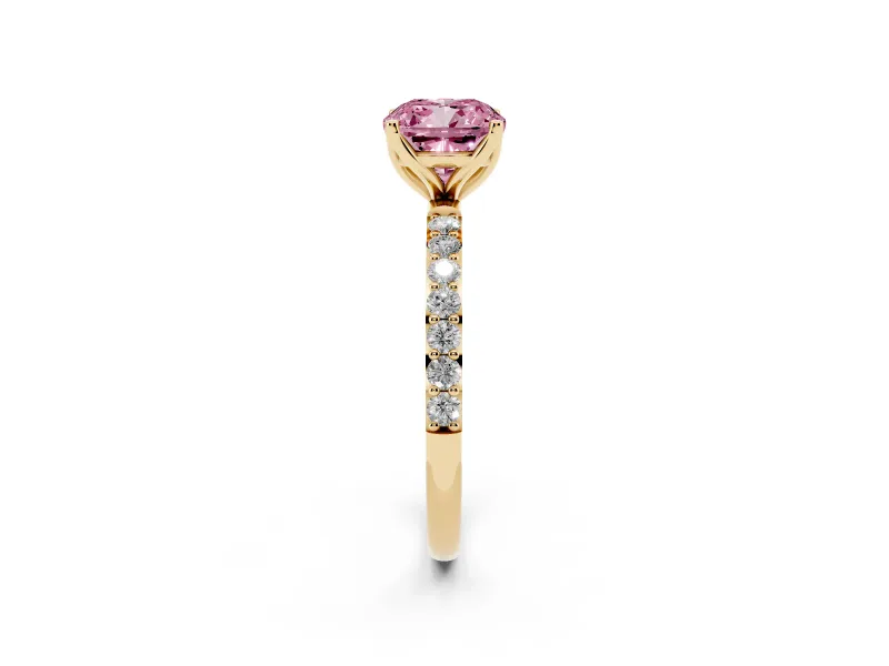 Cushion Cut Pave Solitaire Engagement Ring Setting for a Fancy Pink Lab-Grown Diamond | Slim Band | Yellow Gold