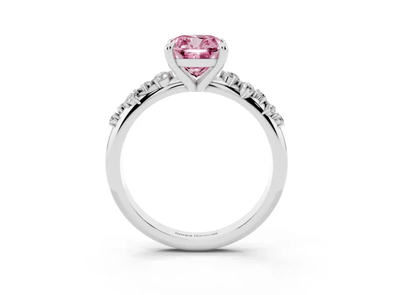 Fancy Pink Cushion Cut Diamond Solitaire Vine Band Ring Set in Silver with Round Accents and Prong Setting