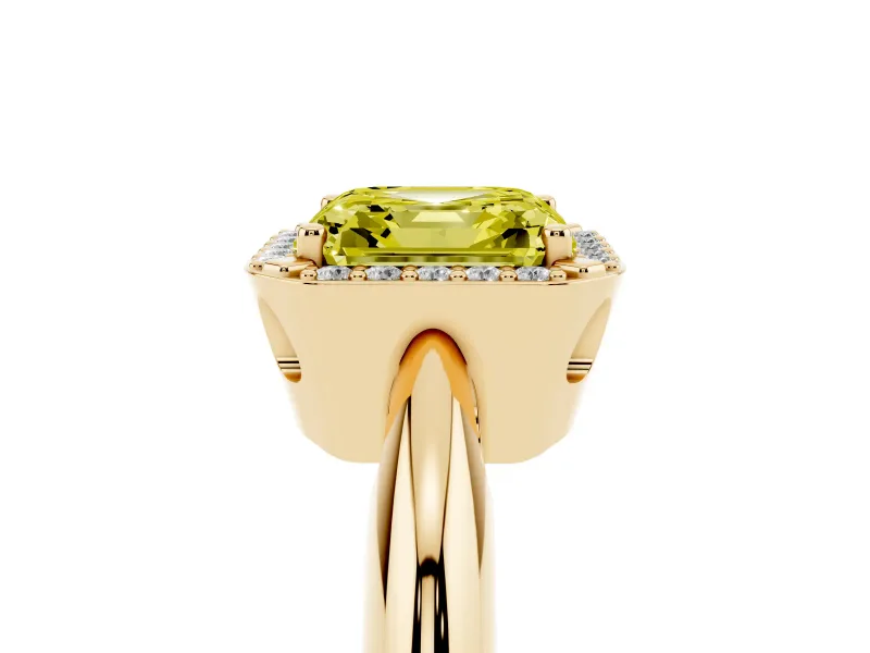 Fancy Yellow Asscher Cut Diamond Halo Engagement Ring Set in Yellow gold with Plain Split Shank and Prong Setting