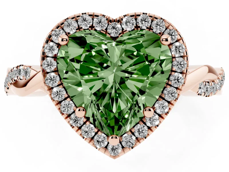 Fancy Green Heart Cut Diamond Halo Twisted Band Ring Set in Rose gold with Prong Setting