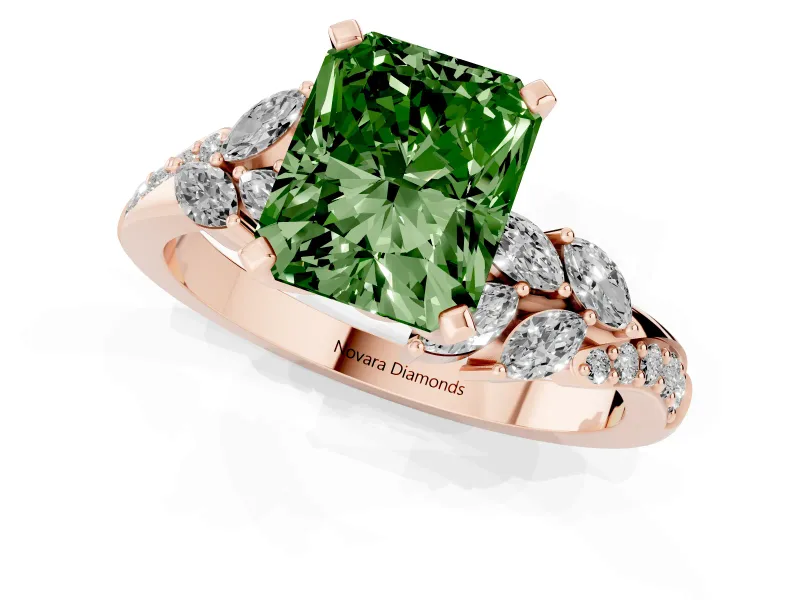 Radiant Cut Floral Engagement Ring Setting for a Fancy Green Lab-Grown Diamond | Marquise Side Stones | Rose Gold