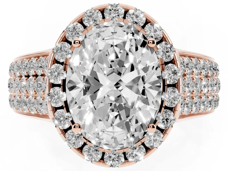 Oval Cut Diamond Halo Ring Set in Rose gold with Pavé Band and Raised Center Setting