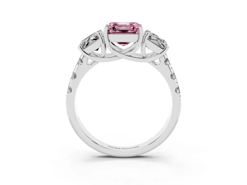 Asscher Cut Three Stone Engagement Ring Setting for a Fancy Pink Lab-Grown Diamond | Accented Shoulders | Platinum