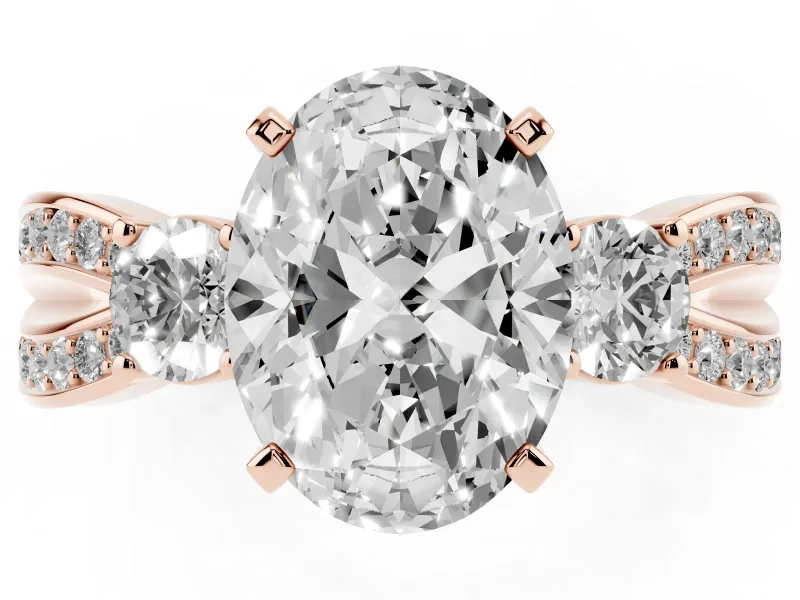 Oval Three-Stone Pavé Twist Engagement Ring Setting | Split Shank | Rose Gold