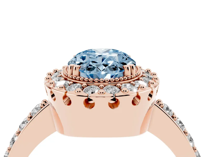 Fancy Blue Oval Cut Diamond Halo Ring Set in Rose gold with Pavé Shank and Prong Setting