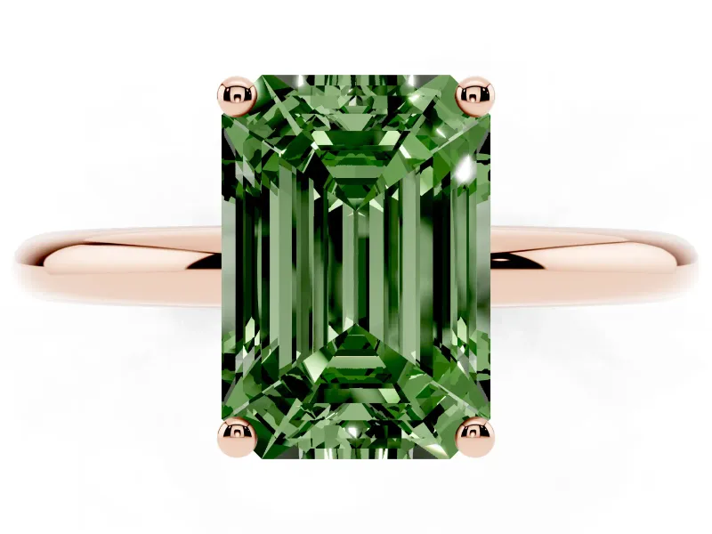 Fancy Green Emerald Cut Diamond Solitaire Engagement Ring Set in Rose gold with Prong Setting and Polished Band