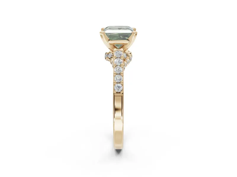 Princess Cut Pavé Engagement Ring Setting for a Fancy Green Lab-Grown Diamond | Crossover Gallery | Yellow Gold