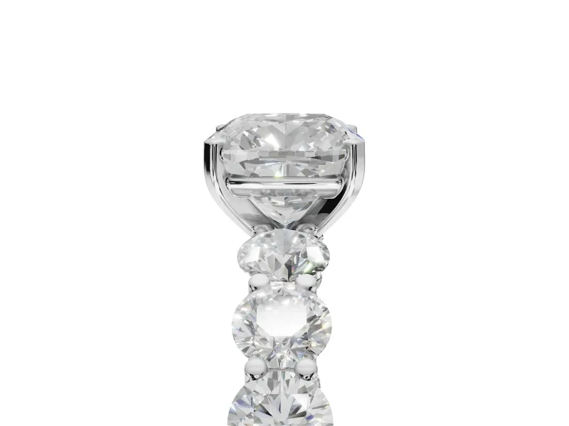 Cushion Cut Side Stone Engagement Ring Setting | Scalloped Prong Accents | White Gold
