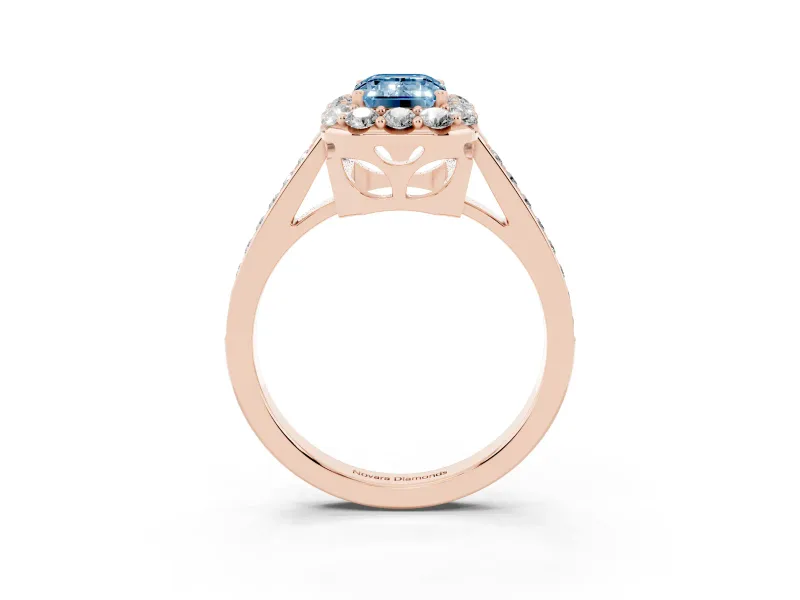 Fancy Blue Emerald Cut Diamond Floral Halo Ring Set in Rose gold with Pavé Band and Prong Setting