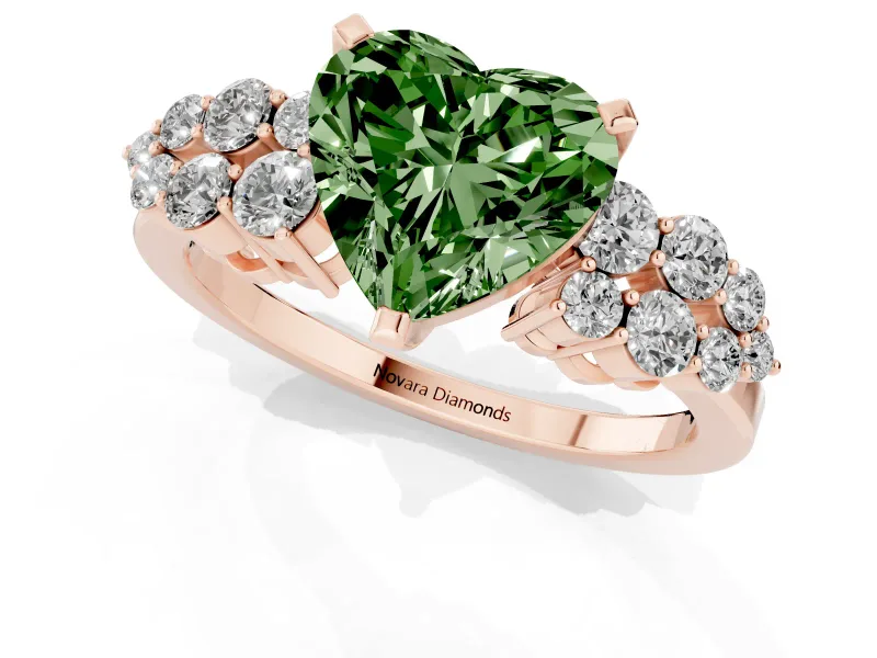 Fancy Green Heart Cut Diamond Cluster Engagement Ring Set in Rose gold with Pavé Band and Prong Setting