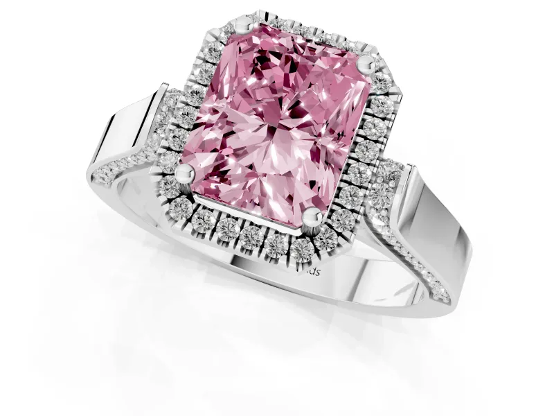 Radiant Cut Halo Engagement Ring Setting for a Fancy Pink Lab-Grown Diamond | Pavé Panel Shoulders | Platinum