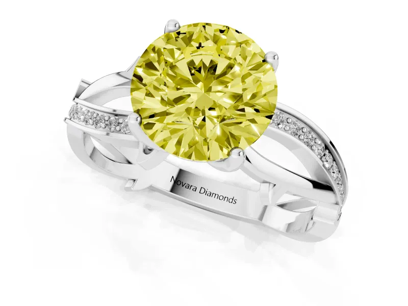 Fancy Yellow Round Cut Diamond Pavé Twist Band Solitaire Ring Set in White gold with Prong Setting