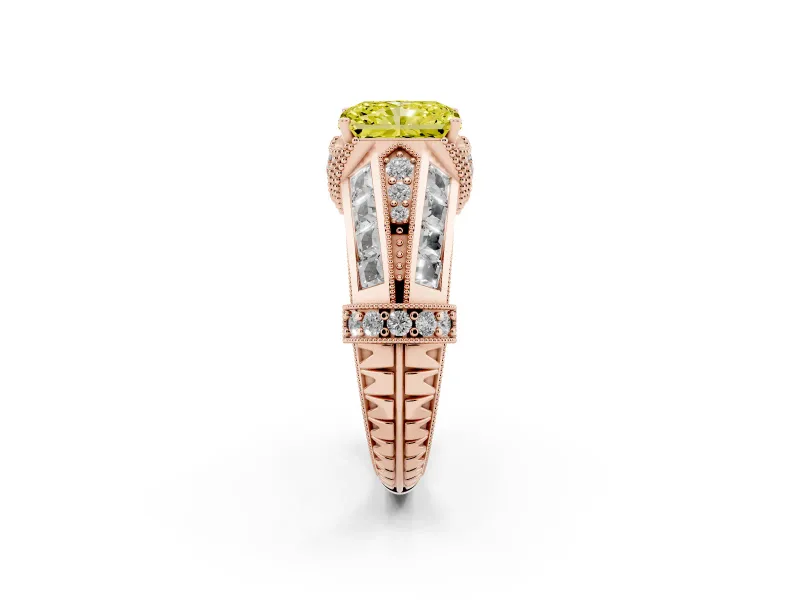 Fancy Yellow Radiant Cut Diamond Vintage-Inspired Milgrain Ring Set in Rose gold with Accent Split Shank