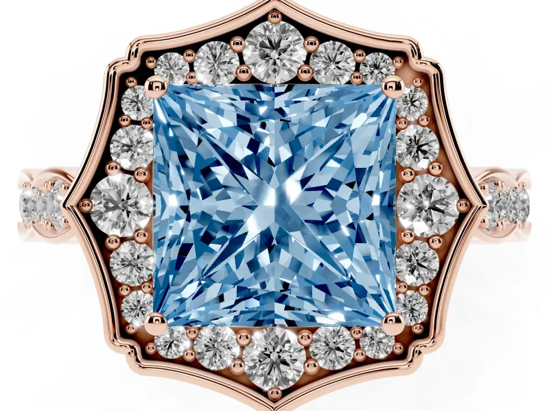 Princess Cut Vintage Scalloped Halo Engagement Ring Setting for a Fancy Blue Lab-Grown Diamond | Pave Band | Rose Gold