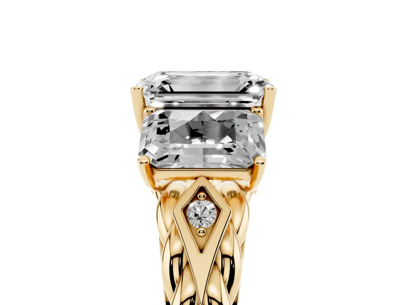 Emerald Cut Diamond Three-Stone Ring Set in Yellow gold with Braided Band