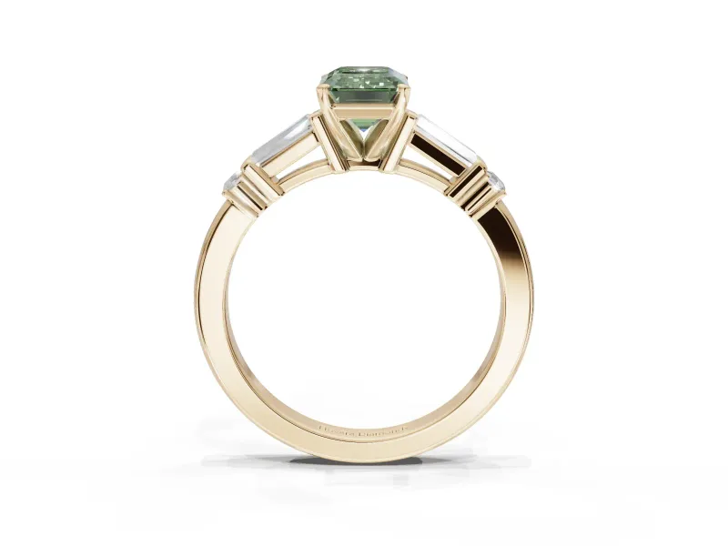 Emerald Cut Tapered Baguette Engagement Ring Setting for a Fancy Green Lab-Grown Diamond | Bar Set Sides | Yellow Gold