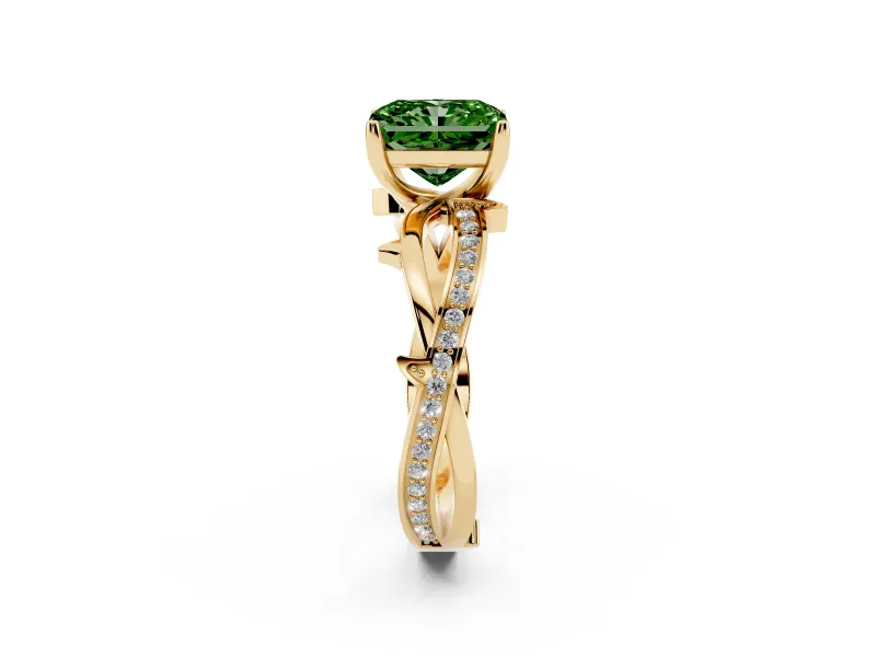 Fancy Green Radiant Cut Diamond Pavé Twist Band Solitaire Ring Set in Yellow gold with Prong Setting