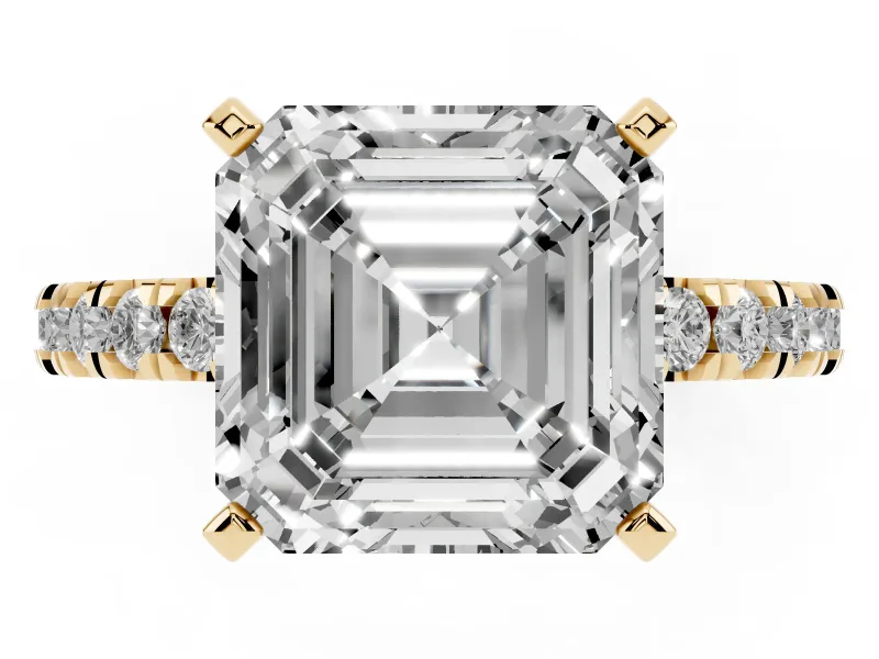 Asscher Cut Diamond Pavé Band Solitaire Set in Yellow gold with Prong Setting