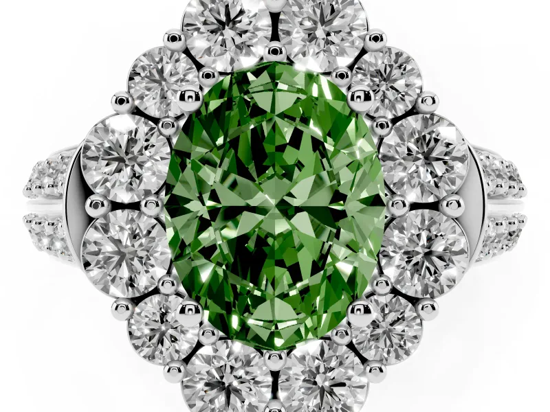 Fancy Green Oval Cut Diamond Halo Engagement Ring Set in White gold with Split Shank and Prong Setting