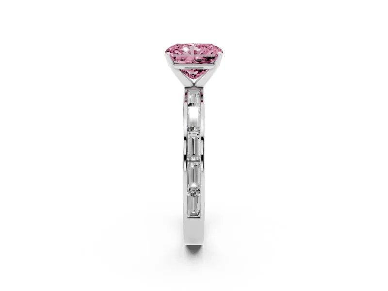 Fancy Pink Radiant Cut Diamond Solitaire Ring Set in Silver with Channel-Set Baguette Band and Prong Setting