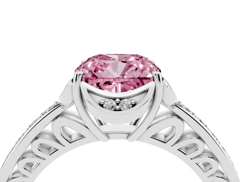 Cushion Cut Floral Pavé Engagement Ring Setting for a Fancy Pink Lab-Grown Diamond | White Gold