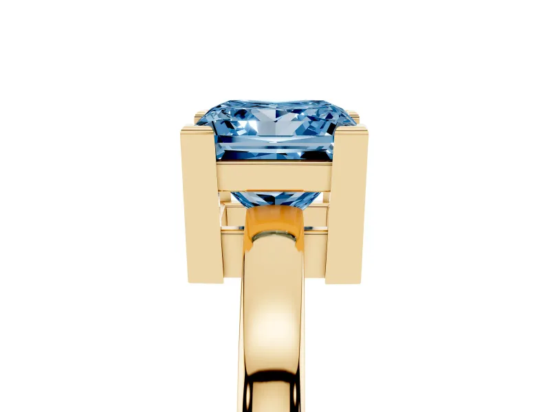 Fancy Blue Princess Cut Diamond Solitaire Ring Set in Yellow gold with Prong Head and Smooth Polished Band