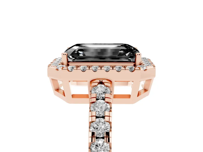 Fancy Black Emerald Cut Diamond Halo Ring Set in Rose gold with Delicate Pavé Band and Prong Setting