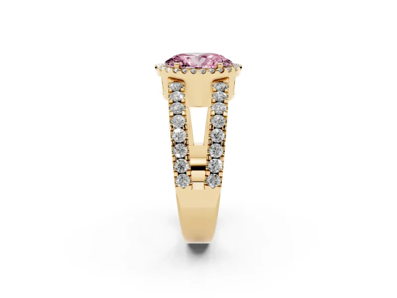 Fancy Pink Oval Cut Diamond Halo Ring Set in Yellow gold with Pavé Split Shank and Prong Setting