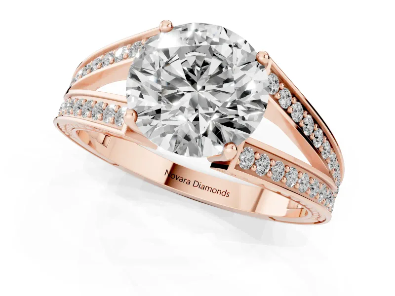 Round Split Shank Pavé Engagement Ring Setting | Engraved Leaf Sides | Rose Gold