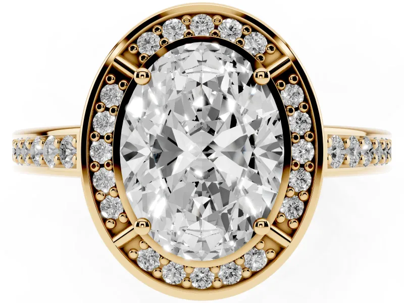 Oval Cut Diamond Halo Pavé Split Shank Ring Set in Yellow gold with Prong Setting