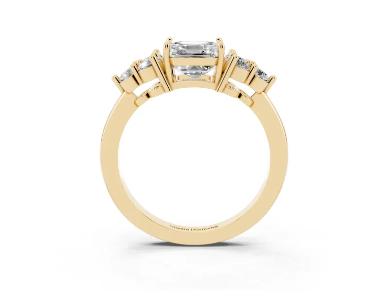 Asscher Cut Diamond Solitaire Ring Set in Yellow gold with Cluster Accents on Each Side