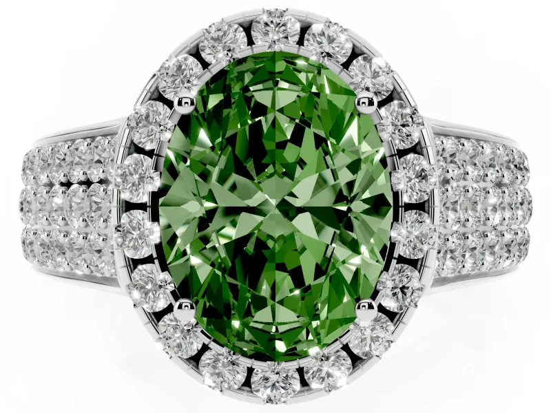 Fancy Green Oval Cut Diamond Halo Ring Set in White gold with Pavé Band and Raised Center Setting