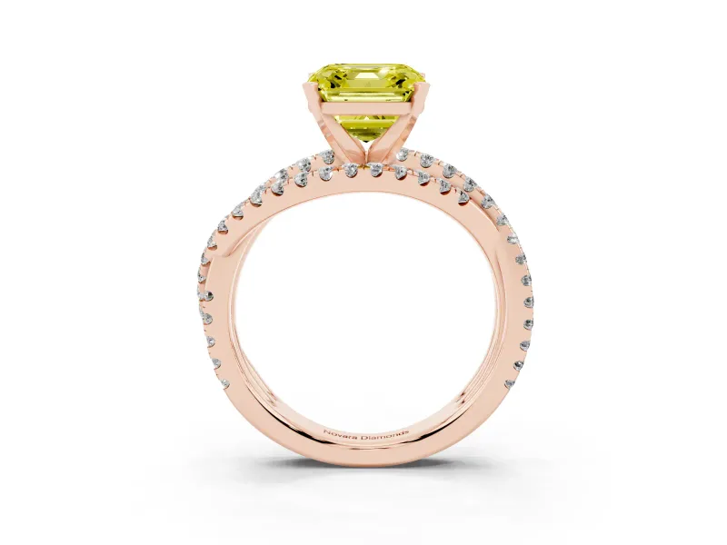 Fancy Yellow Asscher Cut Diamond Solitaire Twist Band Ring Set in Rose gold with Pavé Setting and Prong Head