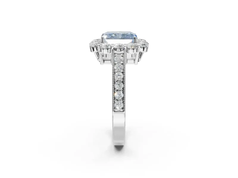 Radiant Cut Vintage Halo Engagement Ring Setting for a Fancy Blue Lab-Grown Diamond | Milgrain Channel Band | White Gold