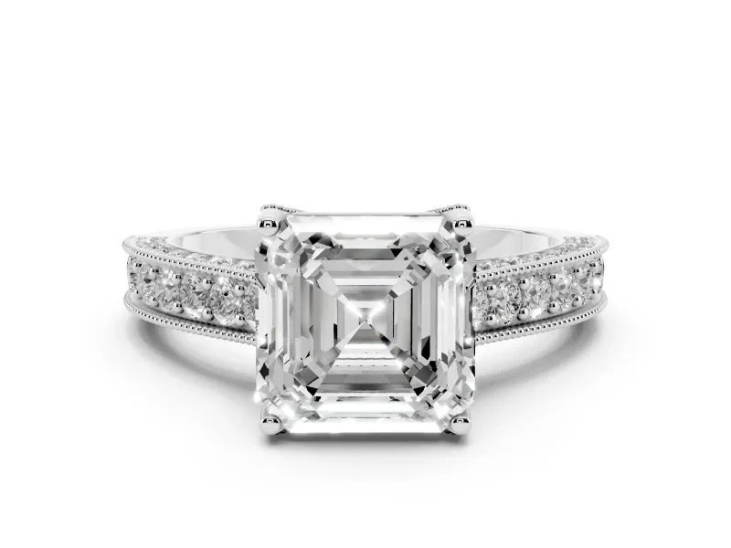 Asscher Cut Diamond Solitaire Ring Set in Platinum with Milgrain-Edged Pavé Band and Prong Setting