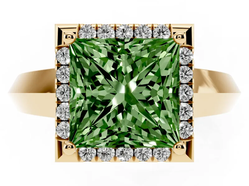 Princess Cut Halo Engagement Ring Setting for a Fancy Green Lab-Grown Diamond | Knife-Edge Band | Yellow Gold