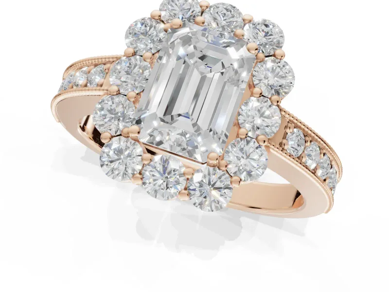 Emerald Cut Vintage Halo Engagement Ring Setting | Milgrain Channel Band | Rose Gold