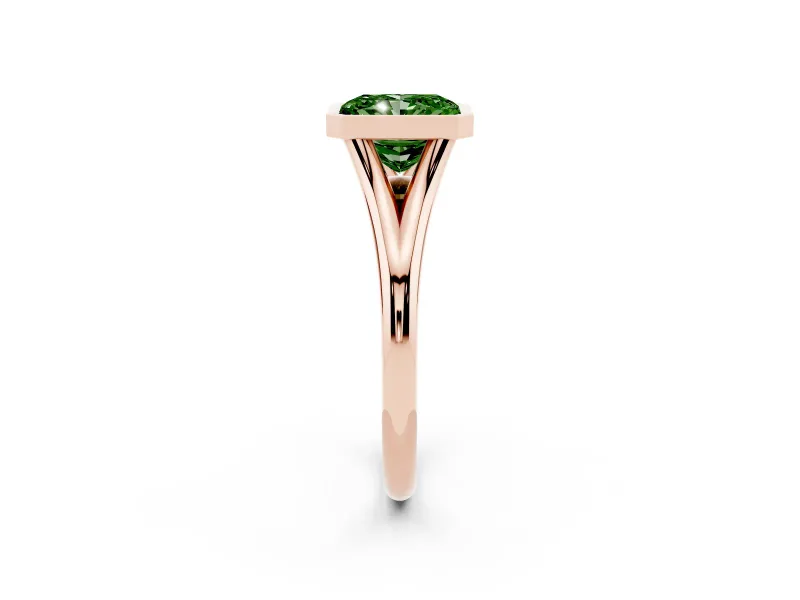 Fancy Green Bezel Set Radiant Cut Diamond Solitaire Ring Set in Rose gold with Tapered Band