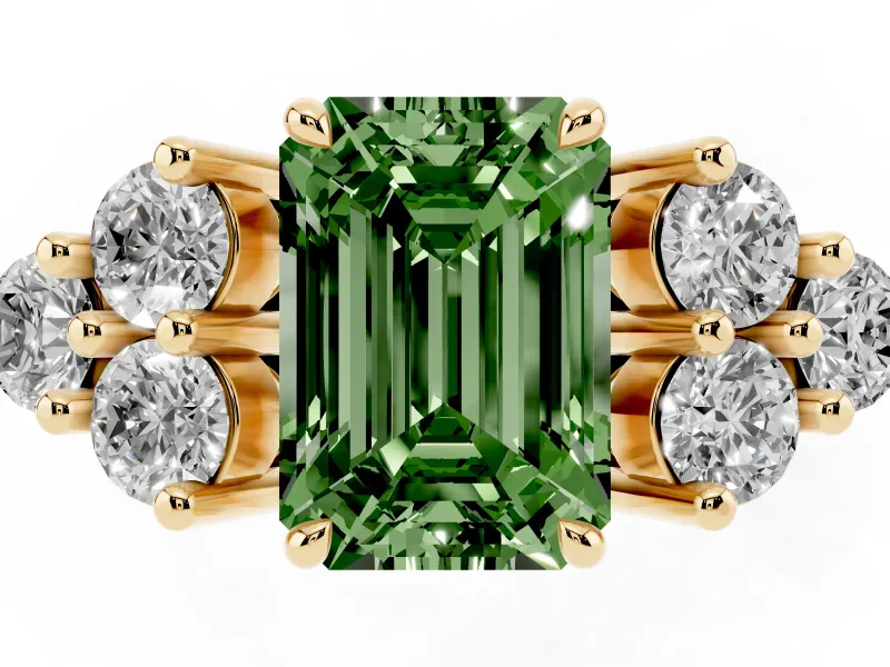 Fancy Green Emerald Cut Diamond Solitaire Ring Set in Yellow gold with Cluster Accents on Each Side