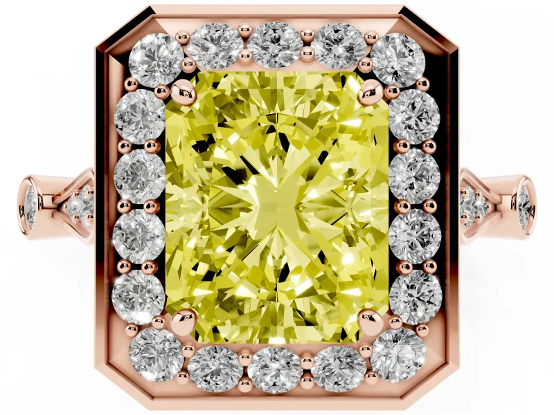 Radiant Cut Halo Engagement Ring Setting for a Fancy Yellow Lab-Grown Diamond | Bezel Station Shoulders | Rose Gold